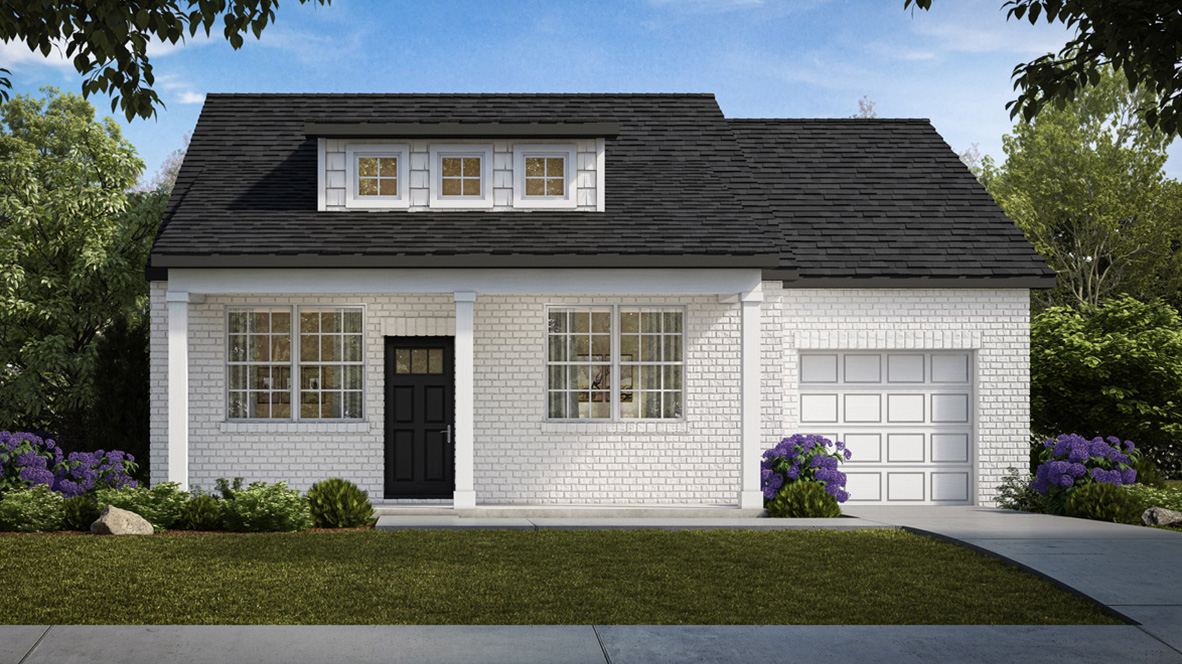 Rendering of white single story townhome with covered front porch
