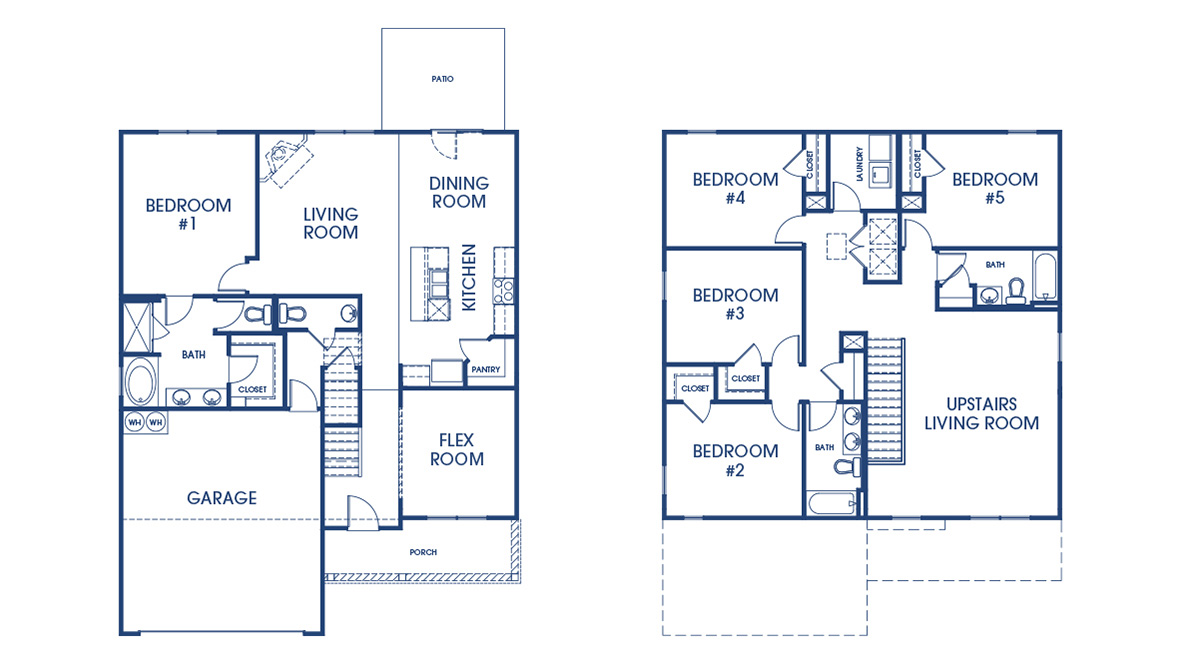 Elle floorplan outline with primary bedroom on main, 4 bedrooms upstairs, and 3.5 bathrooms.