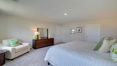 Primary bedroom with carpet and two large windows