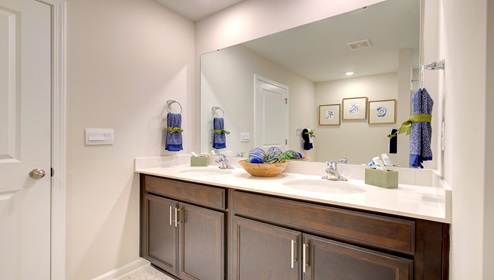 Primary bathroom with double sink vanity, brown cabinets, large bathtub and standing glass door shower