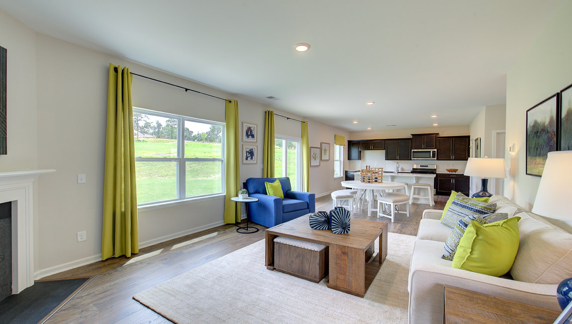 Open living room with large windows