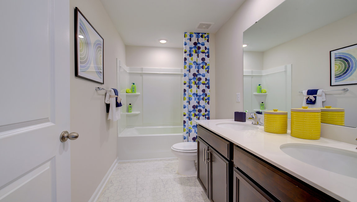 Bathroom with dual vanity and bathtub