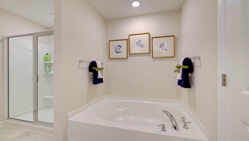Primary bathroom with double sink vanity, brown cabinets, large bathtub and standing glass door shower