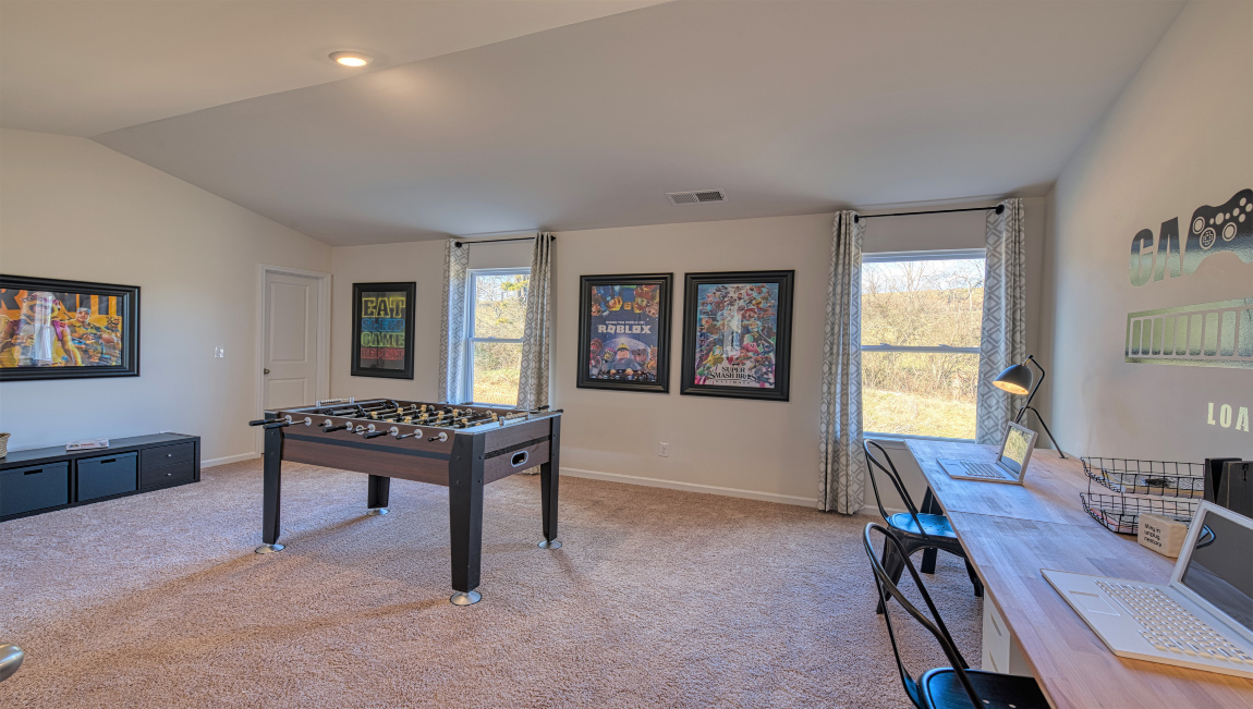 Carpeted bonus room with large windows