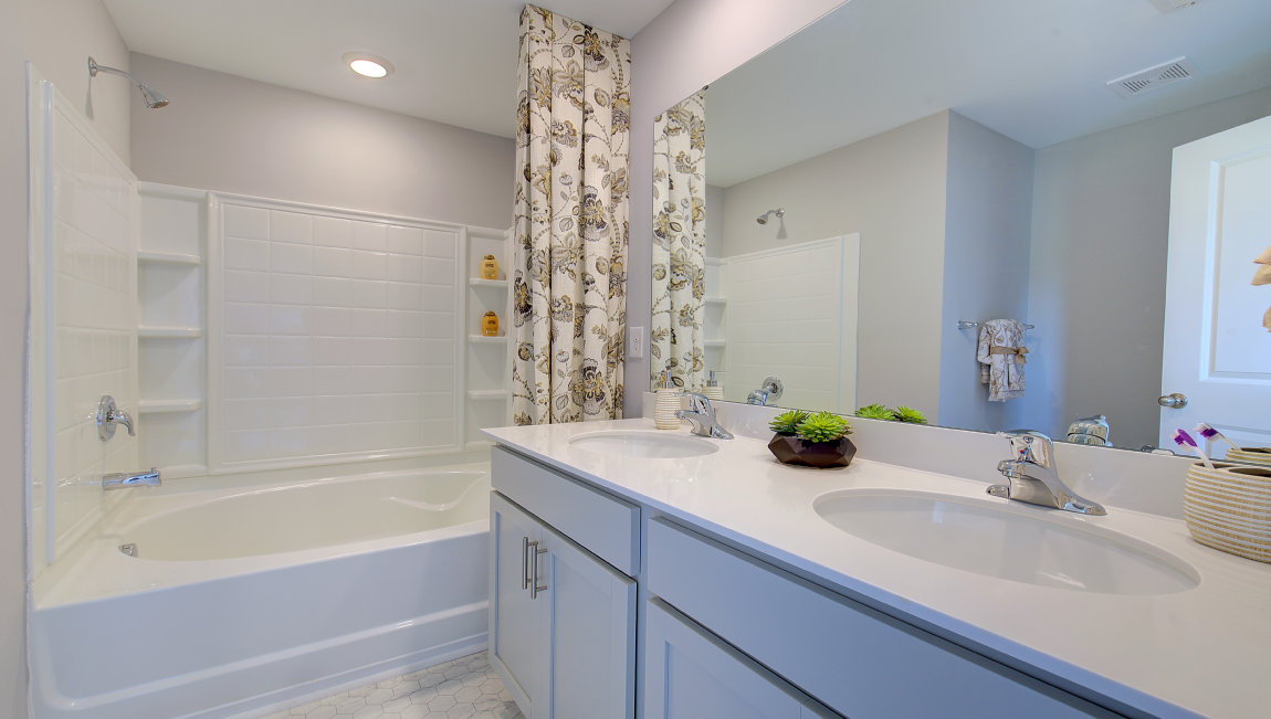 Bathroom with dual vanity and bathtub