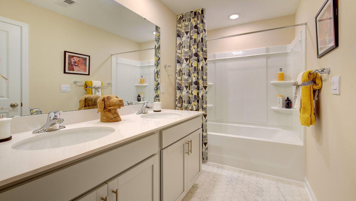 Bathroom with dual vanity and bathtub