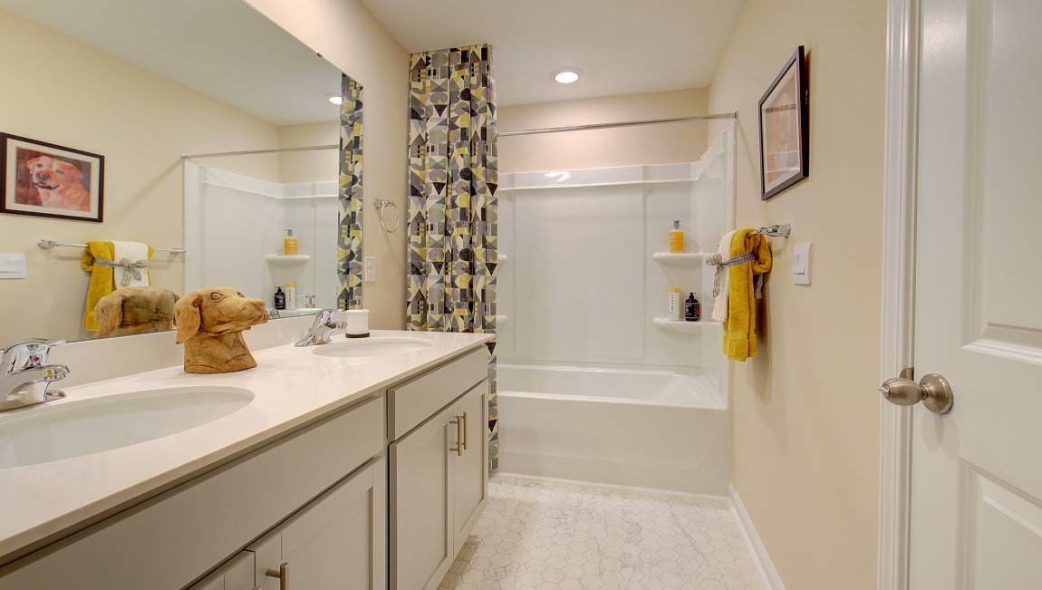 Bathroom with dual vanity and bathtub