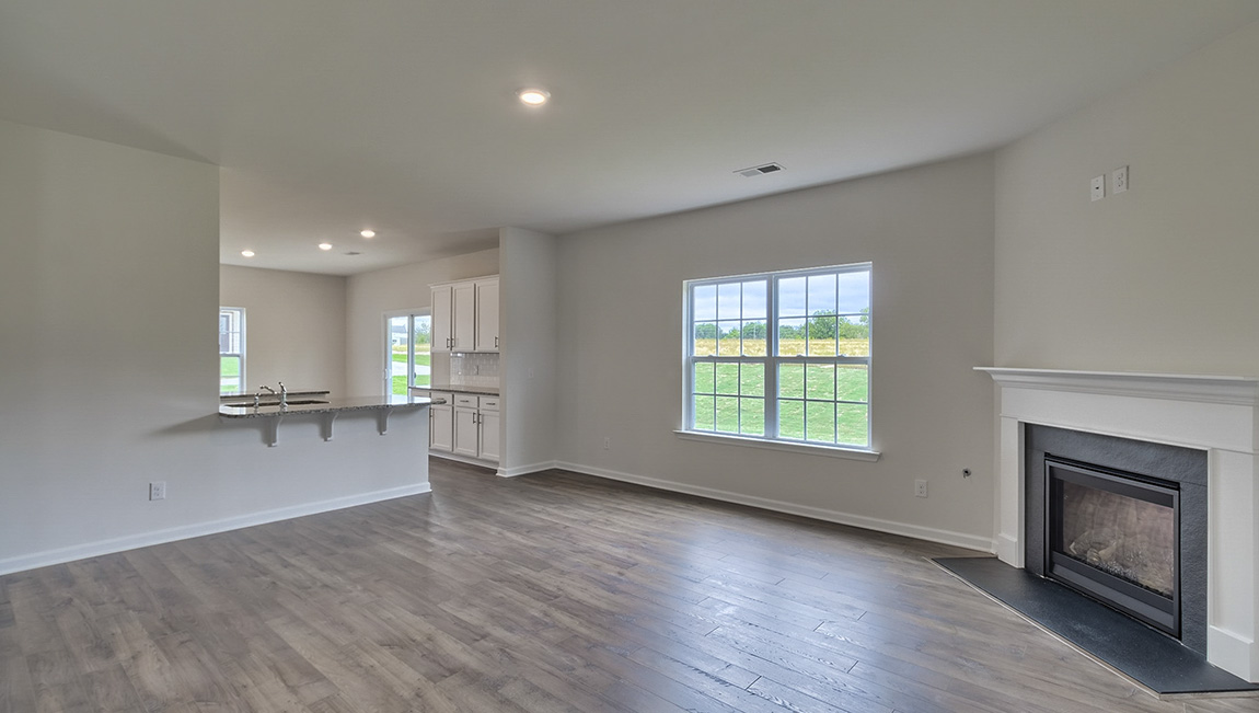 Living area with electric fireplace and large windows