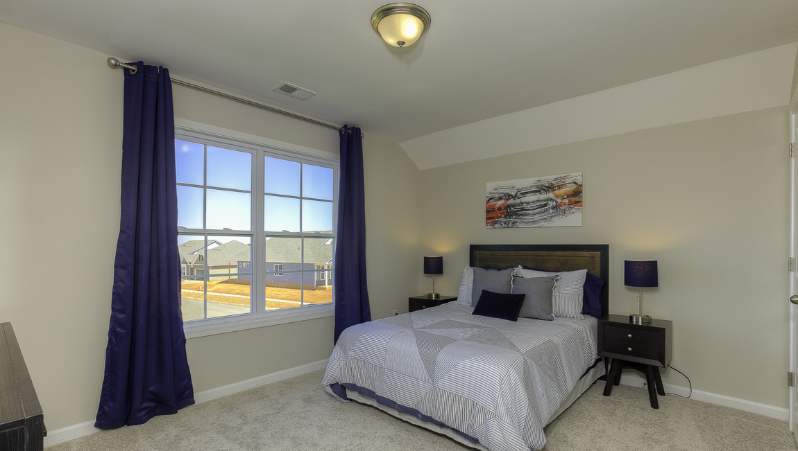Carpeted bedroom with two windows