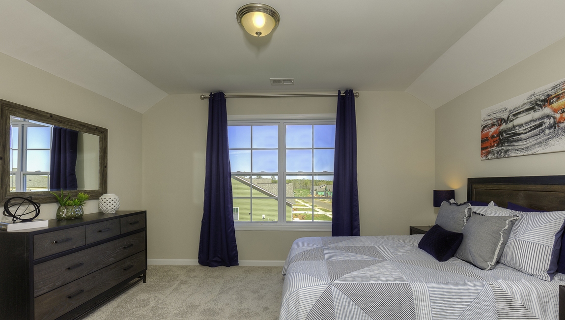 Carpeted bedroom with two windows