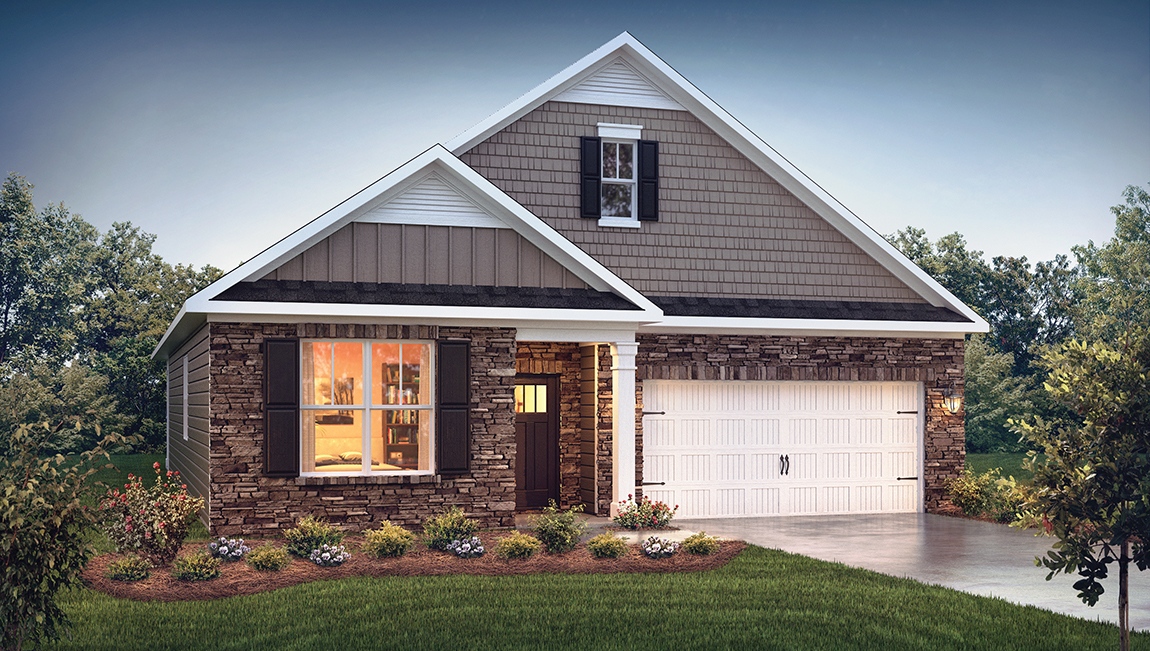 Dover front exterior with grey siding and two car garage