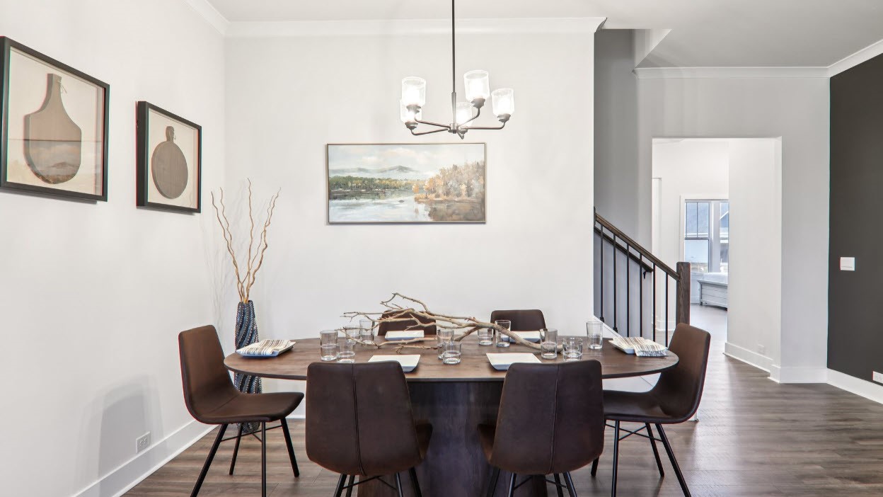 Open dining area with light fixture