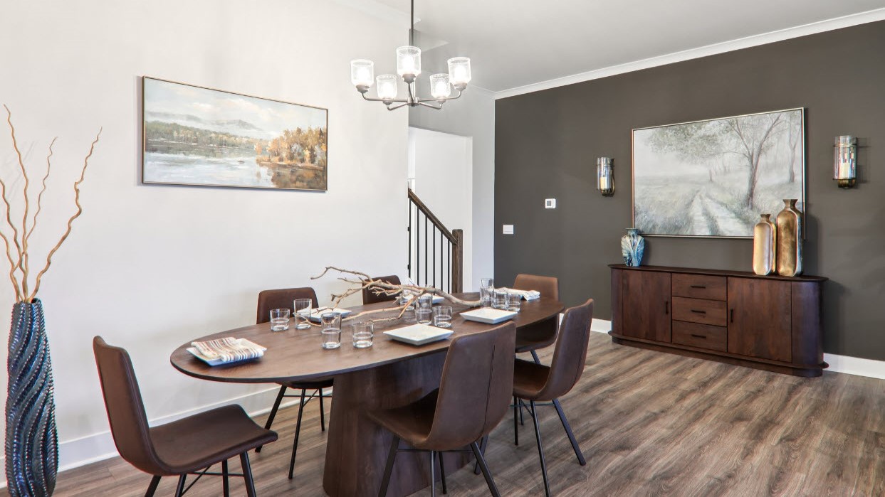 Open dining area with light fixture