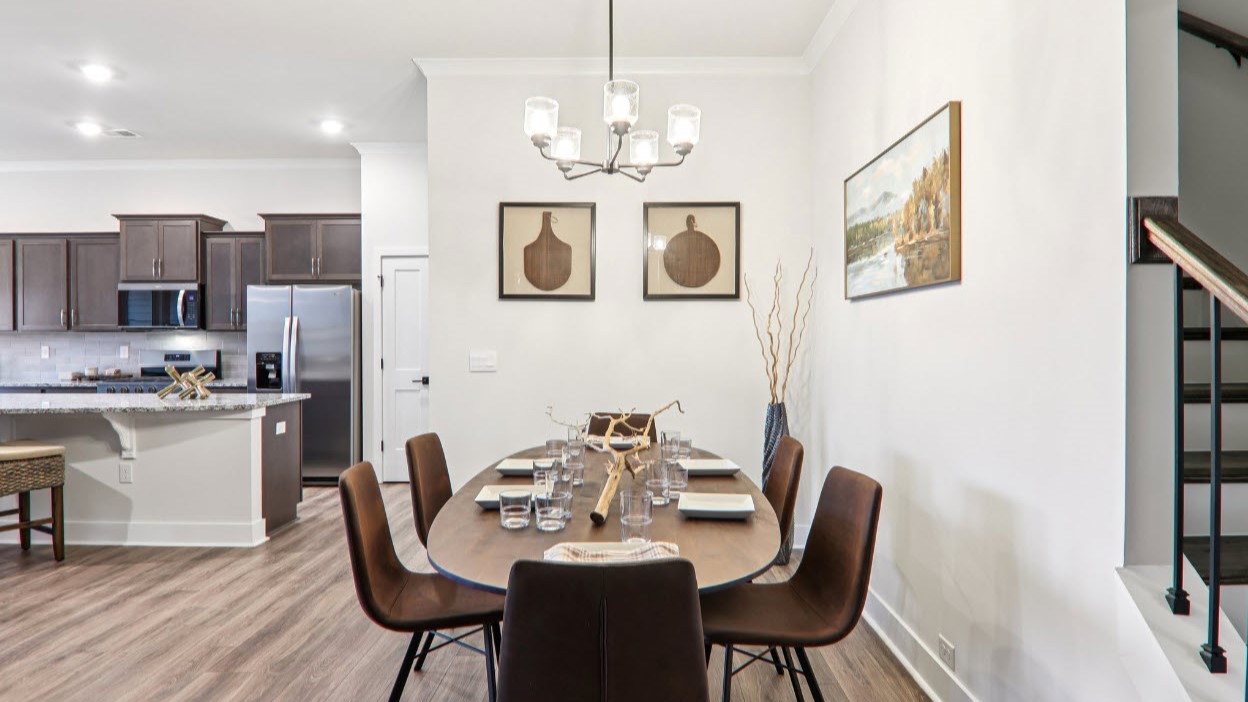 Open dining area with light fixture