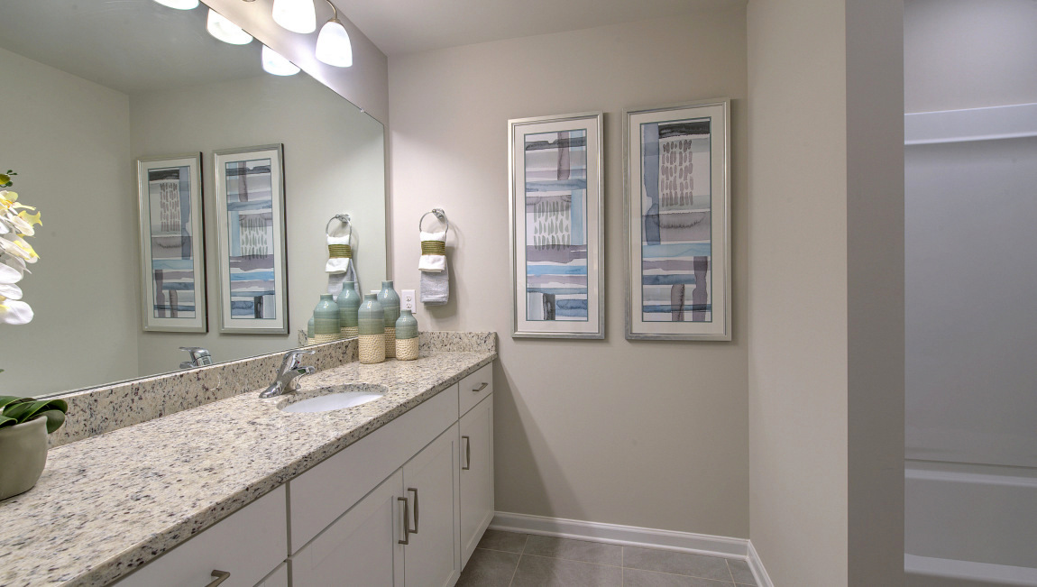 Bathroom with double vanity and tub