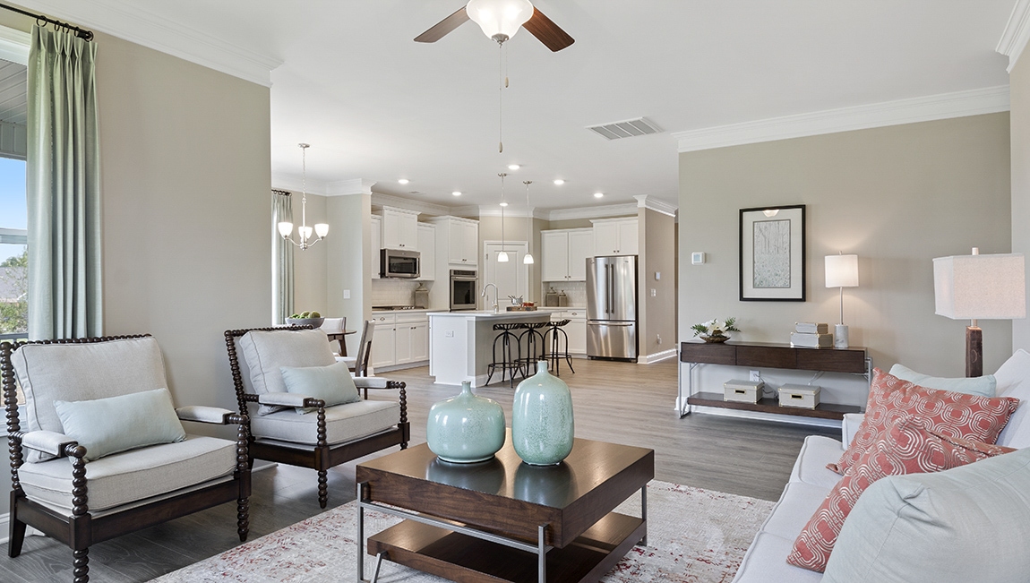 Living room with light gray flooring.