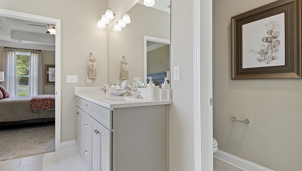 Primary bathroom with a separate door for the toilet.