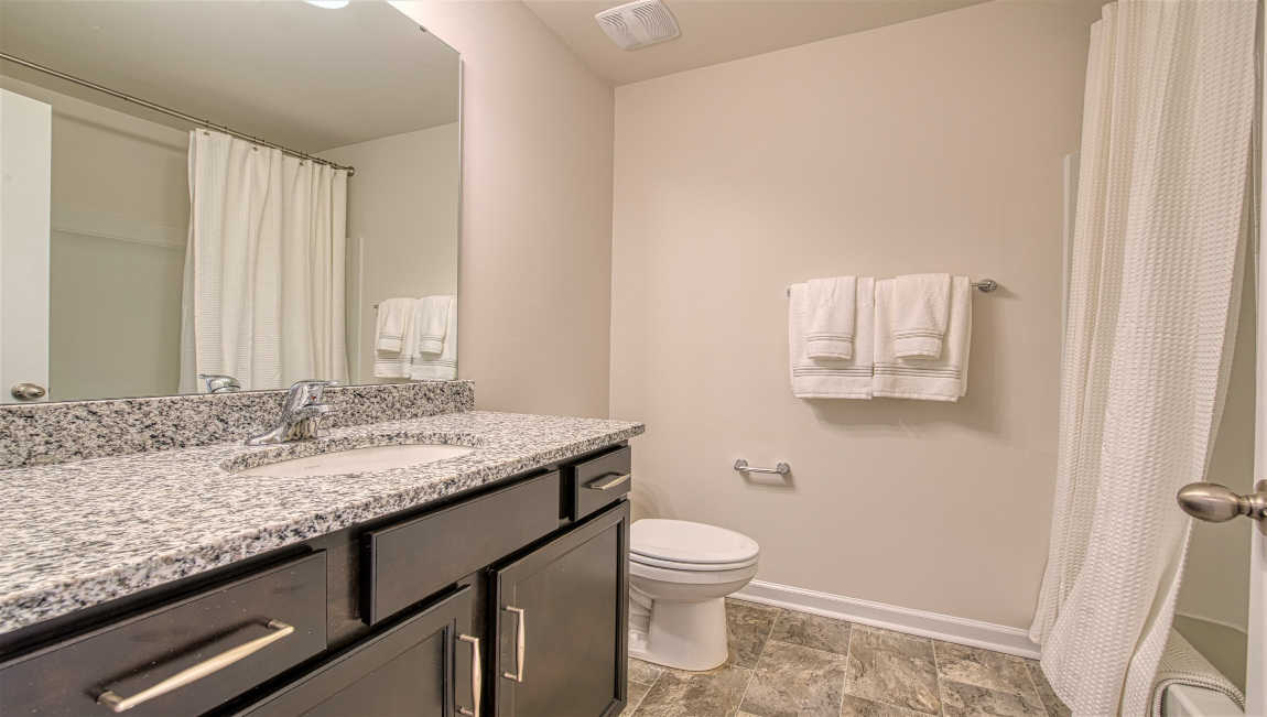 bathroom with dual vanity and bathtub