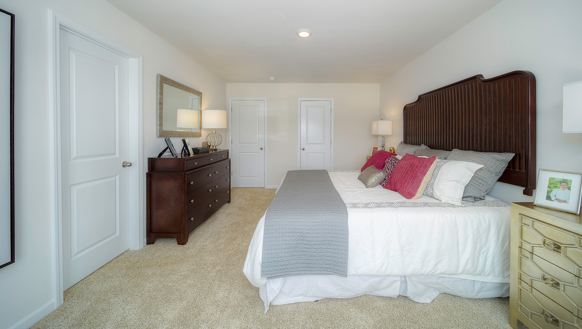 Carpeted primary bedroom with large windows