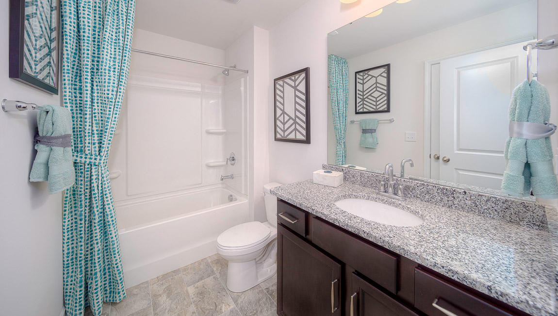Bathroom with brown cabinets and bathtub
