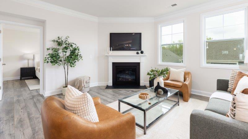 Arlington living room area with fireplace