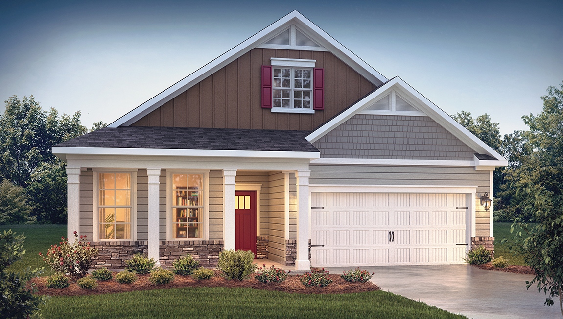 Arlington front exterior rendering with grey siding and two car garage