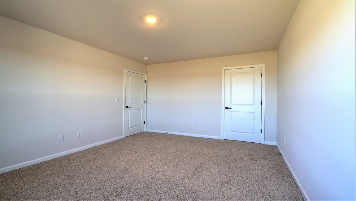 Carpeted bedroom with two large windows