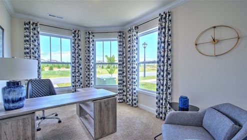 Carpeted flex space being used as an office, large window