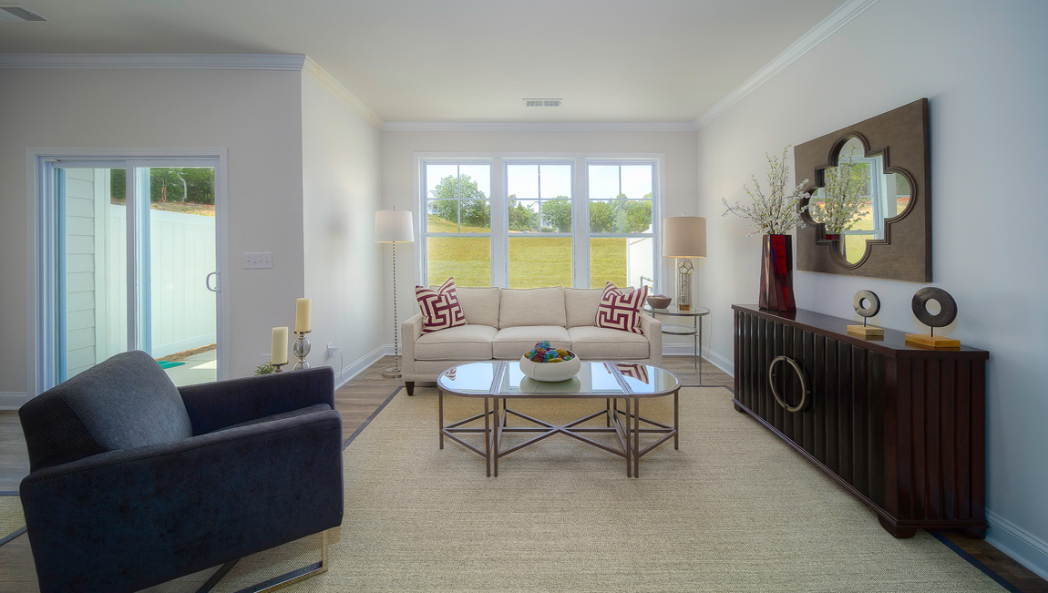 Open family room with large windows