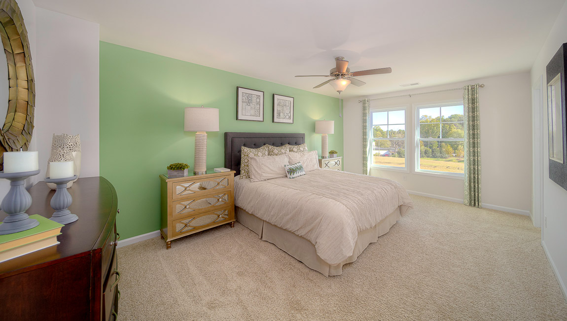 Primary bedroom with carpet and large window