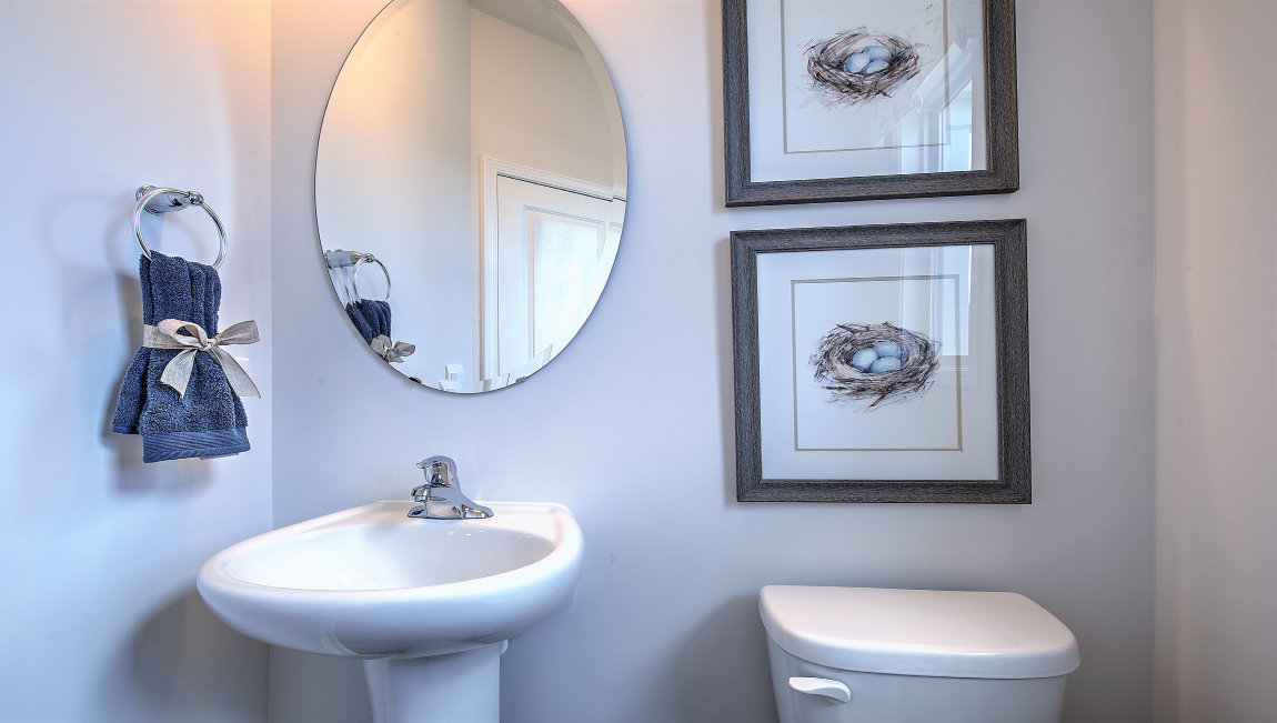 Powder room with single sink and mirror