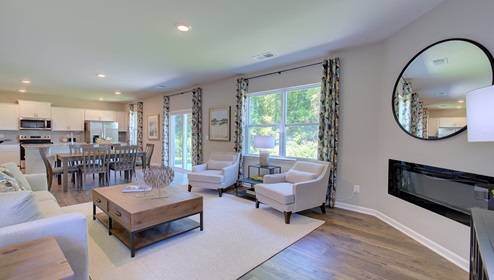 Living room with electric fireplace and large window