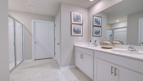 Primary bathroom with double sink vanity, white cabinets and counters, and standing glass door shower