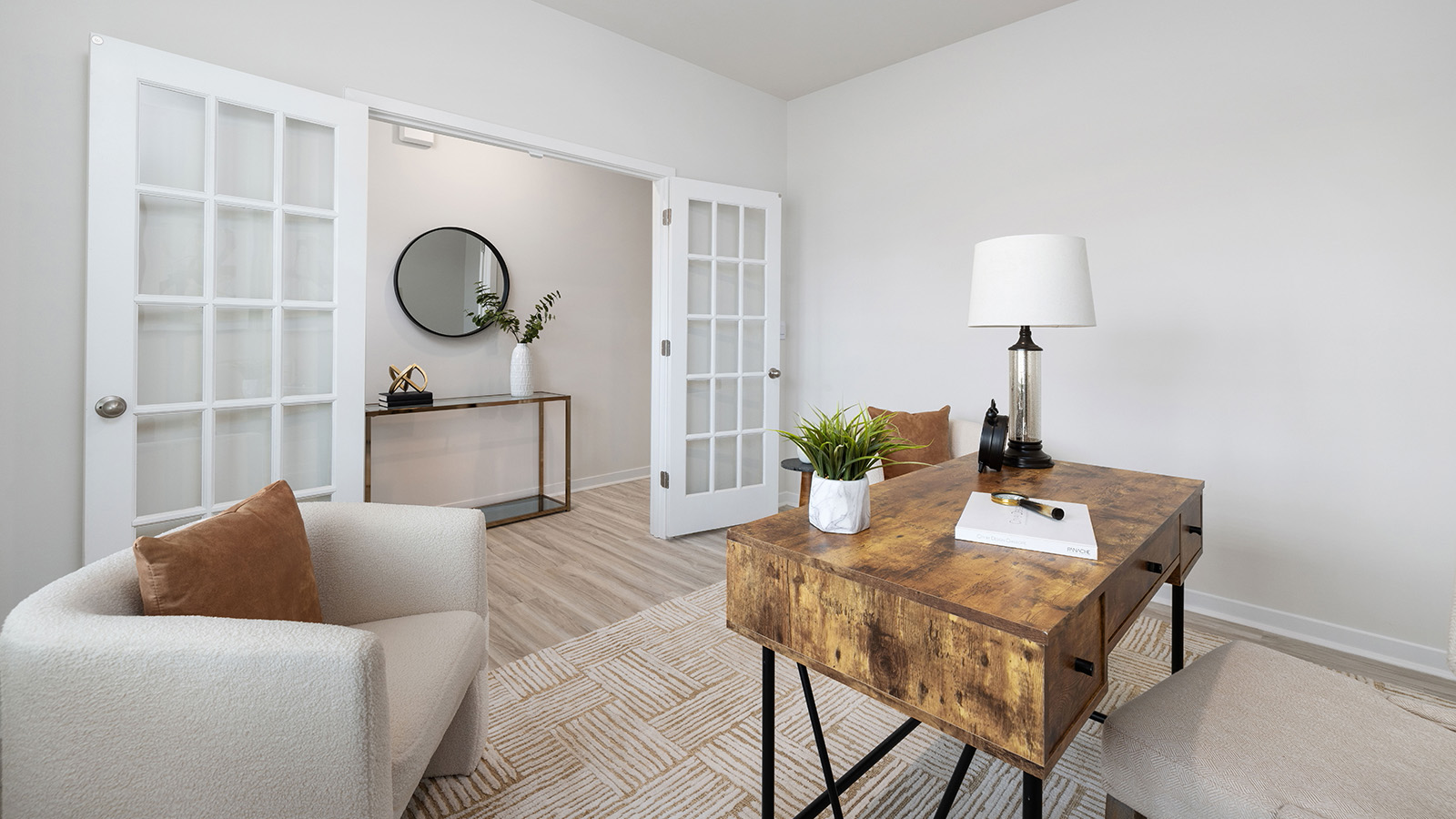 Designated office area with double door entry