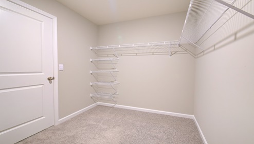 Primary bedroom walk in closet with carpet and built in hanging racks