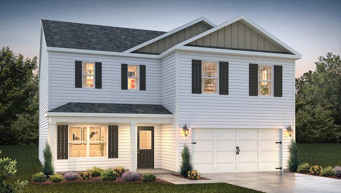 Galen front exterior rendering with siding and two car garage