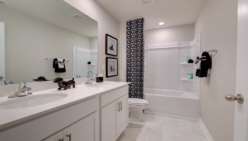 Bathroom with double sink vanity, and bathtub and shower combination