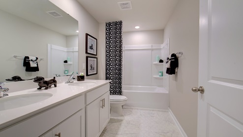 Bathroom with double sink vanity, and bathtub and shower combination