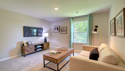 Carpeted loft space with large window