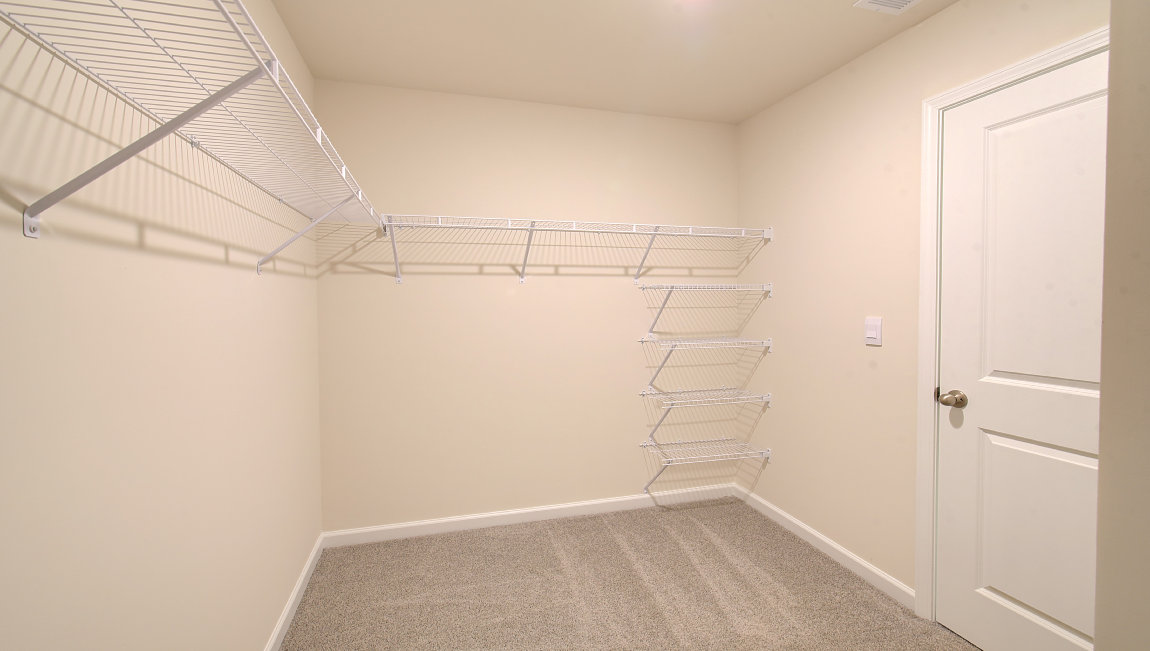 Carpeted walk in closet with shelving