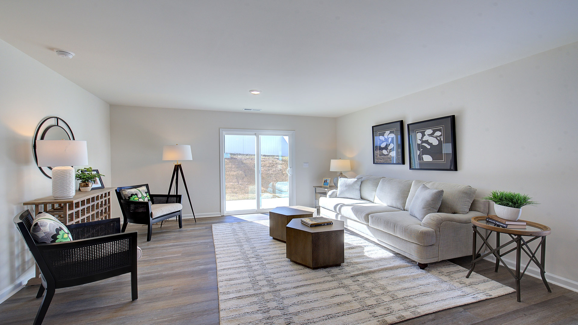 Open living room area with sliding glass doors