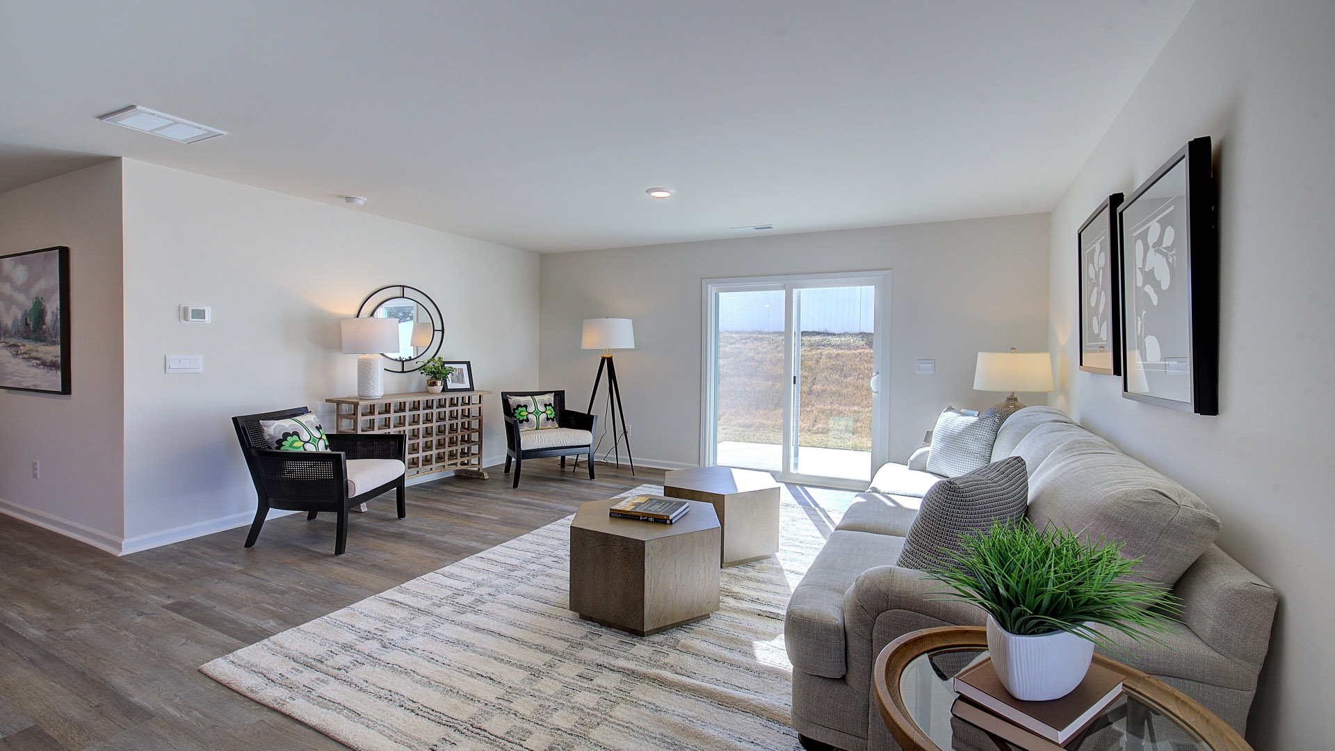 Open living room area with sliding glass doors