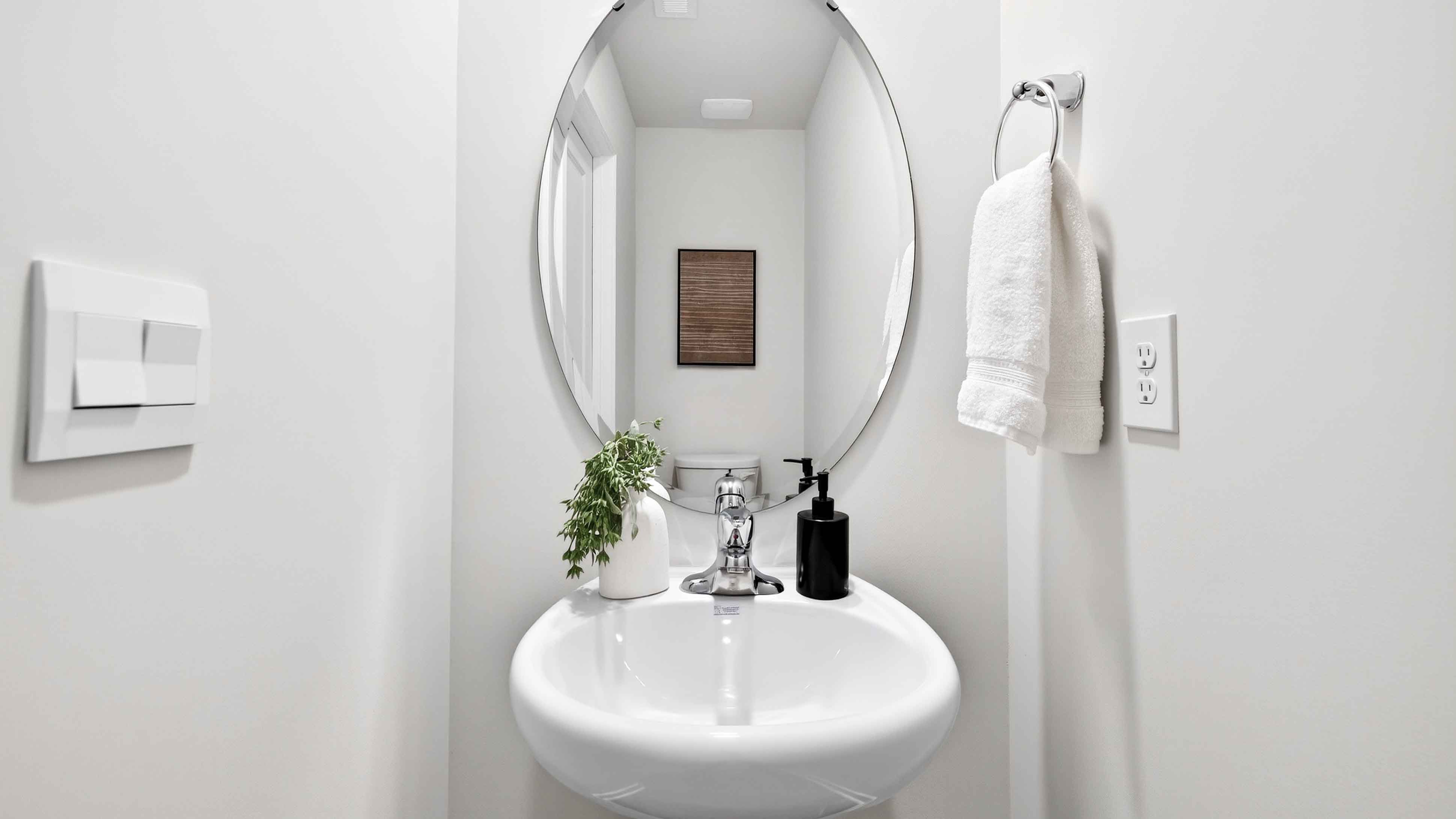 Powder room with single sink and mirror