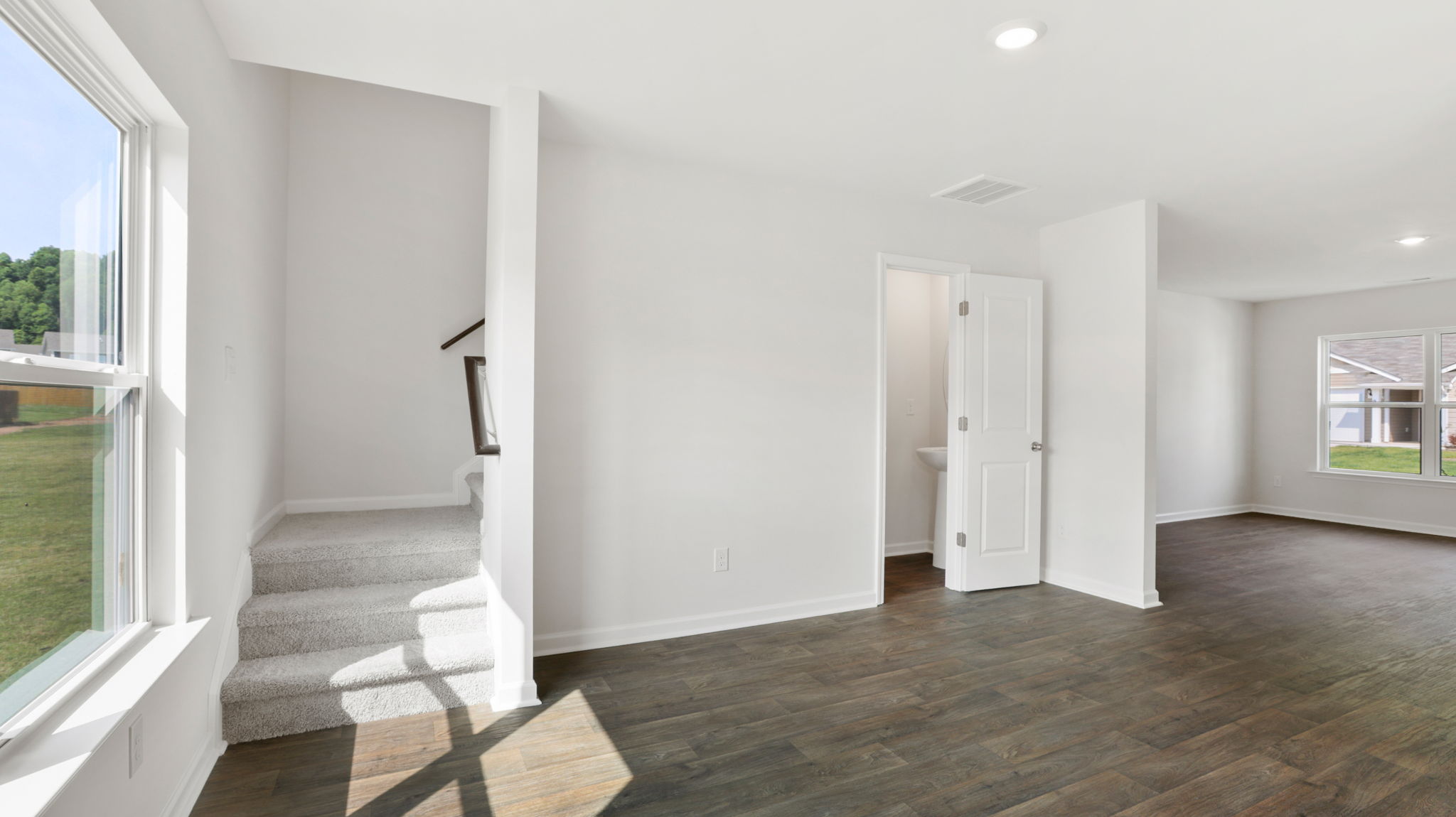 Open dining area with large windows