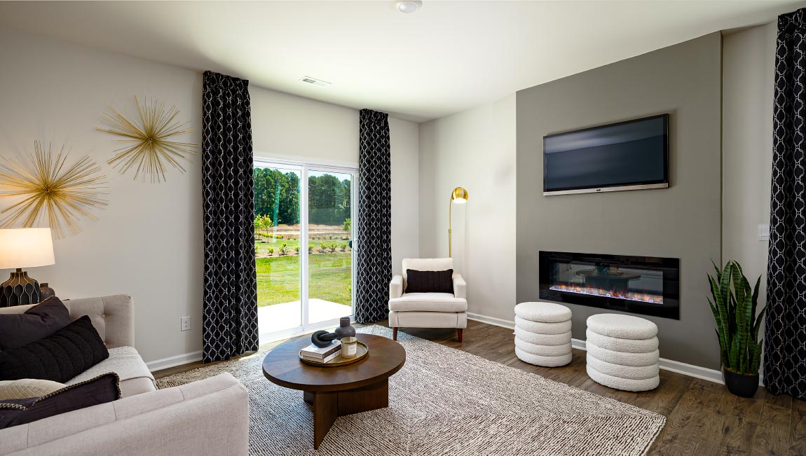 Living room with electric fire place, and sliding glass back door. New Home in Asheville, North Carolina