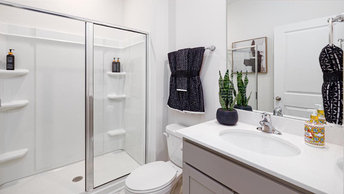 Bathroom with standing shower and grey cabinets. New Home in Asheville, North Carolina