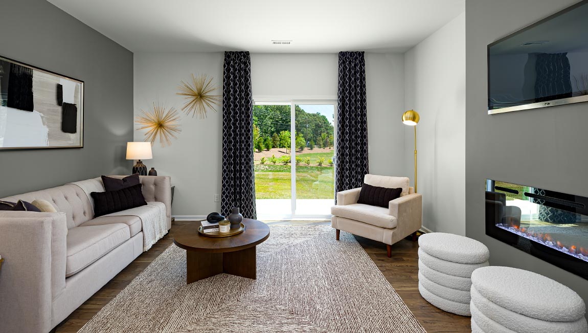 Living room with electric fire place, and sliding glass back door. New Home in Asheville, North Carolina