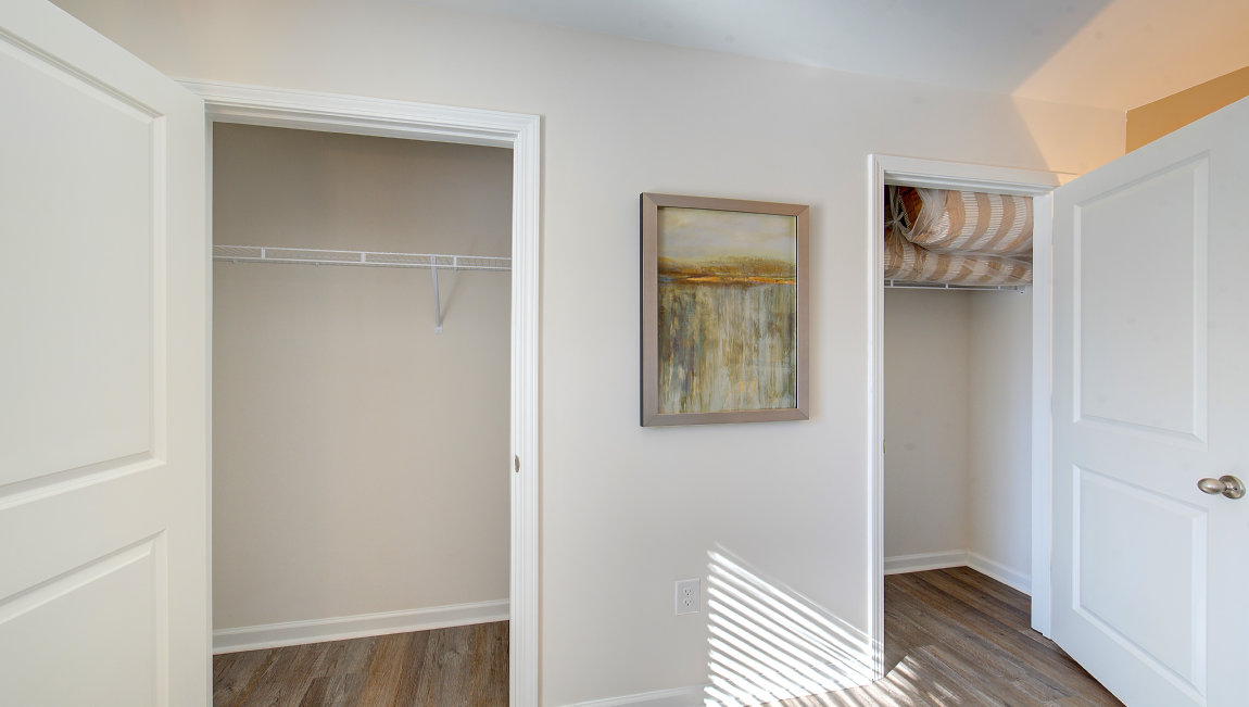Primary walk in closets with beige carpet. New Homes in Asheville, North Carolina