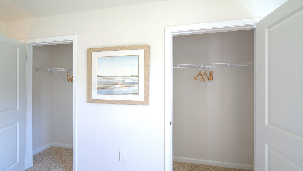 Primary walk in closets with beige carpet. New Homes in Asheville, North Carolina