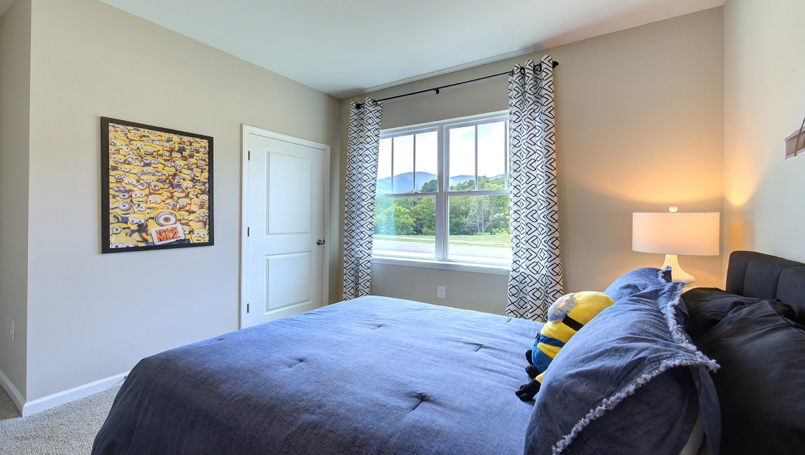 Carpeted bedroom with large window